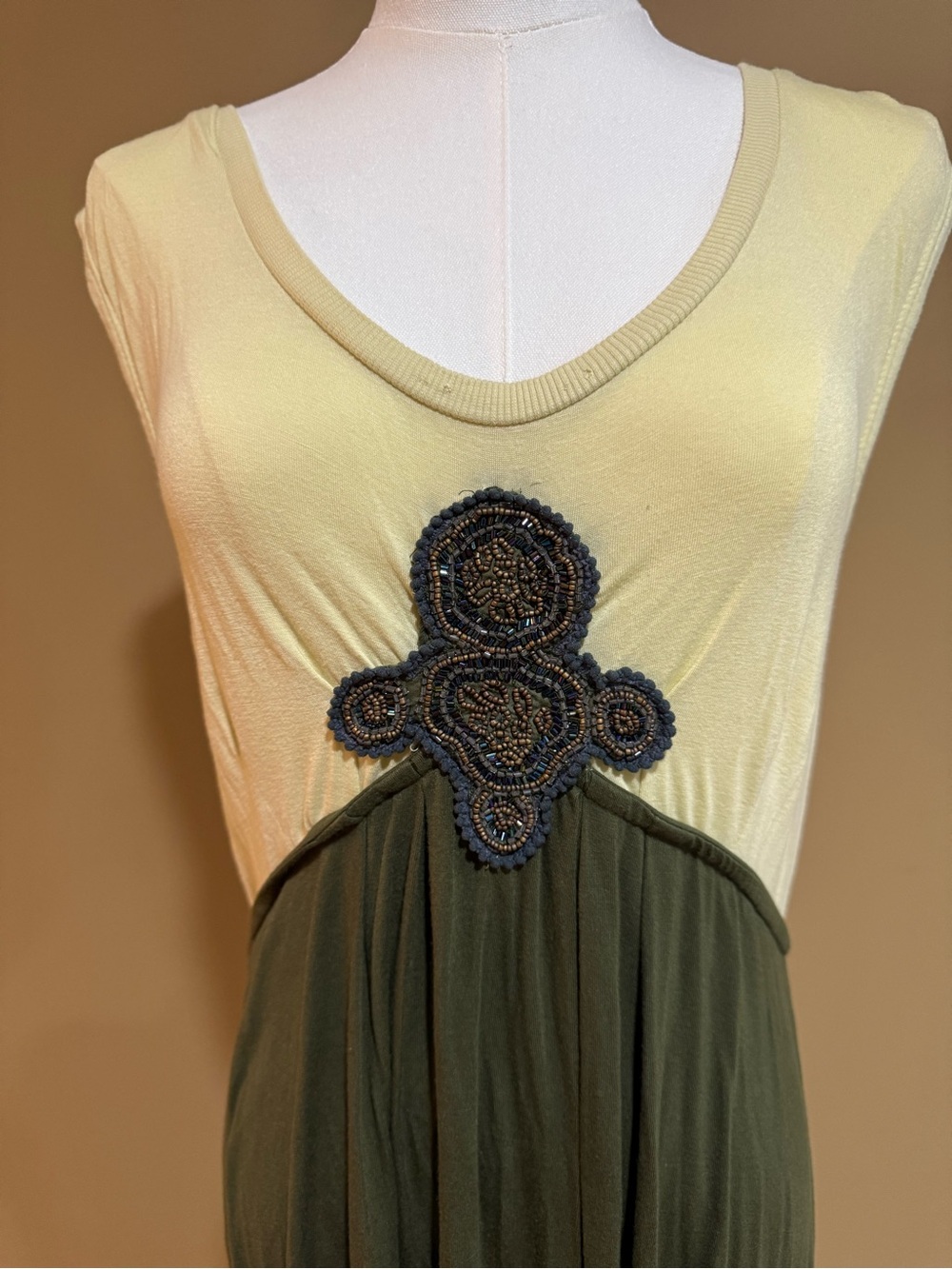 Free People Two-Tone One-Shoulder Dress with Beaded Applique - Yellow & Olive
